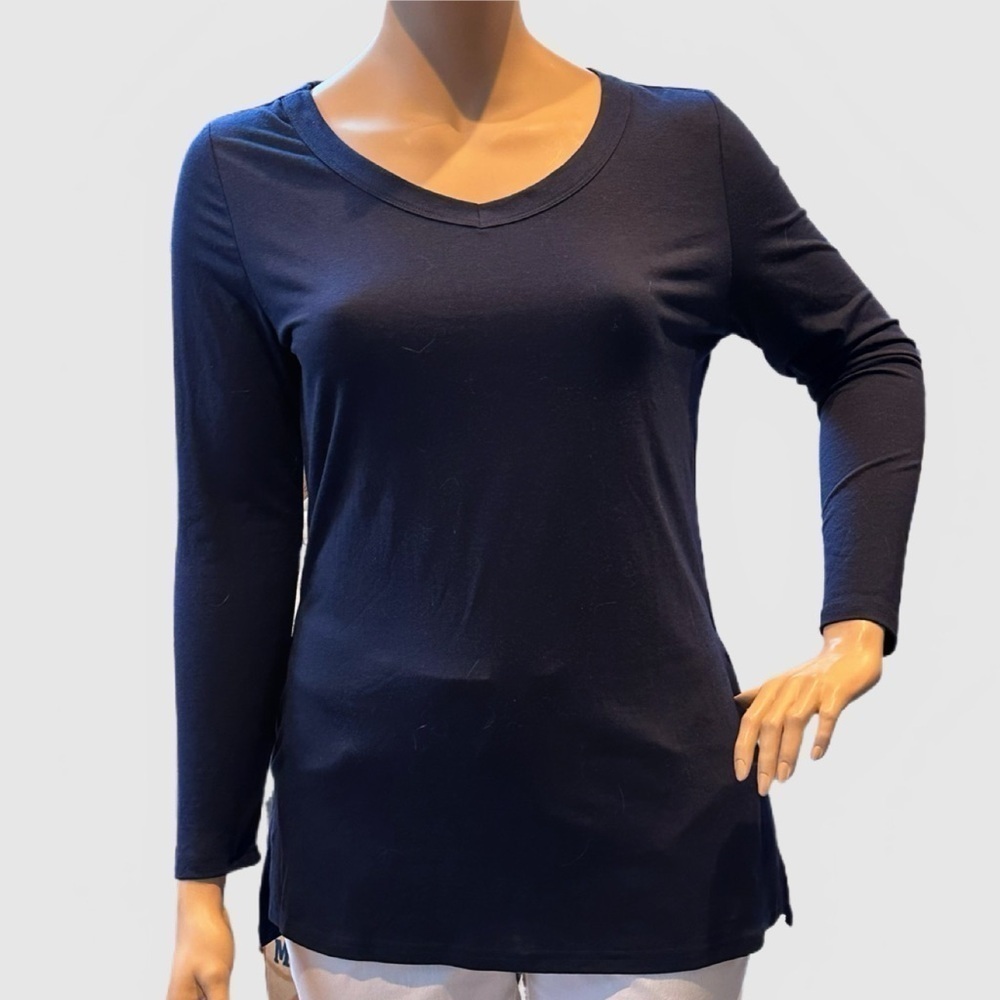 Allegra K V-NeckTunic Top Size XL Navy Blue Long Sleeves, A-Line, Side Slits NWT